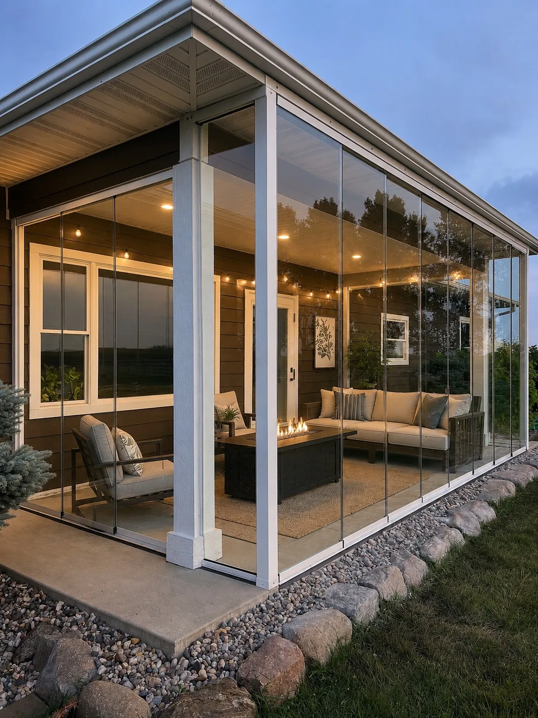 Patio enclosed in glass on a stone base, warmly lit inside at dusk