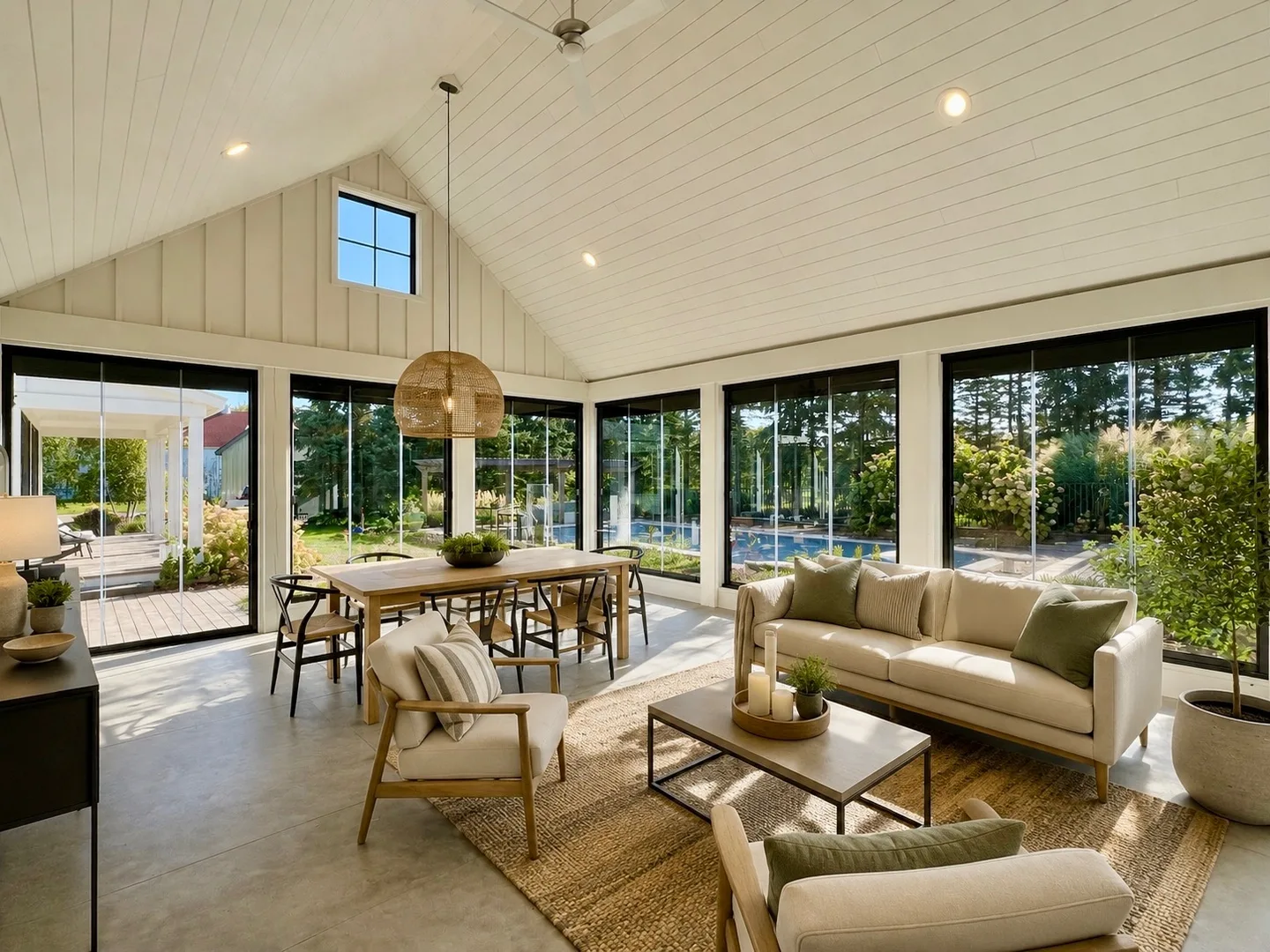 Bright white-vaulted sunroom with glass walls on three sides