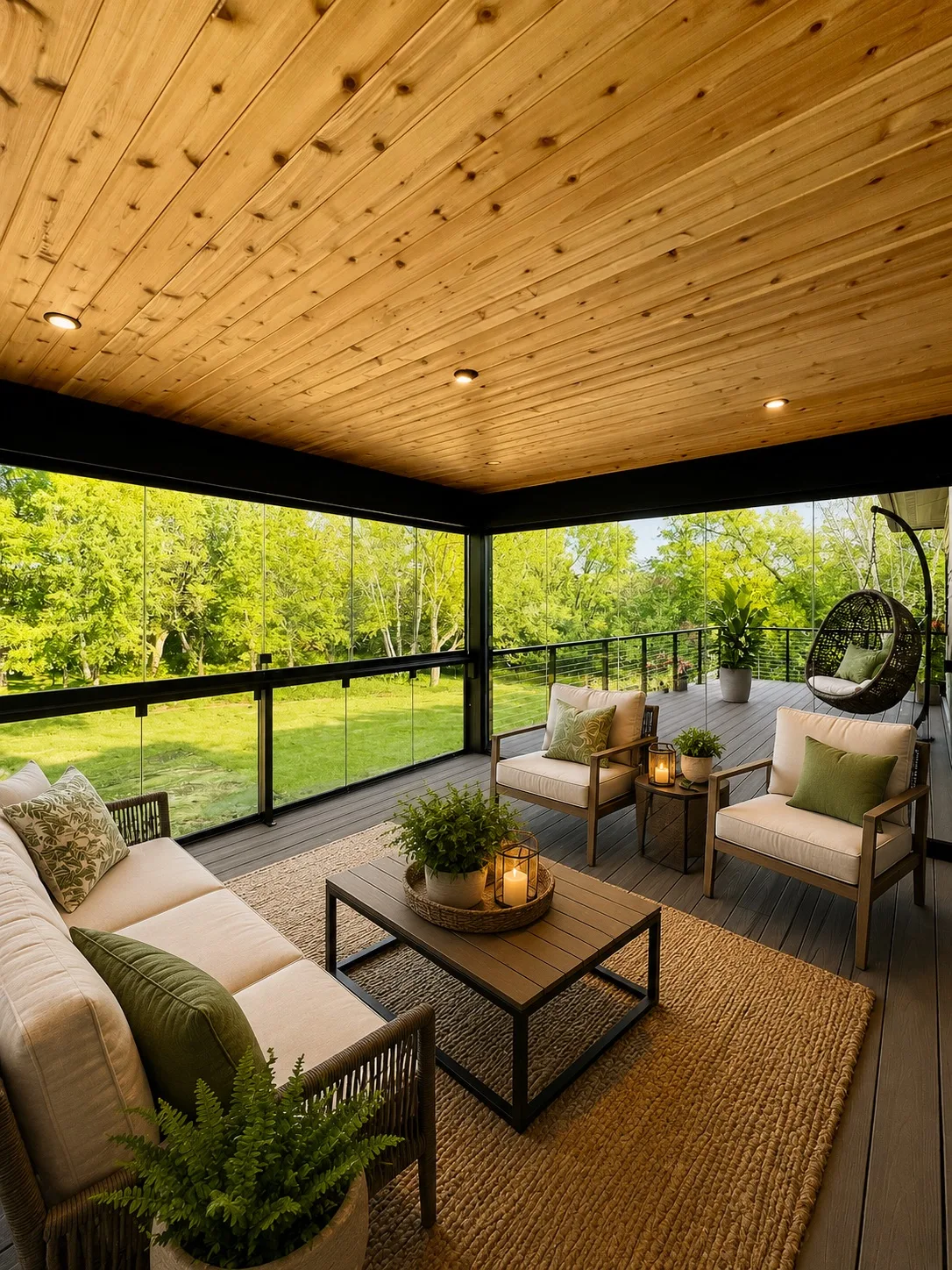 Wood-ceilinged porch enclosed in glass with a hanging chair